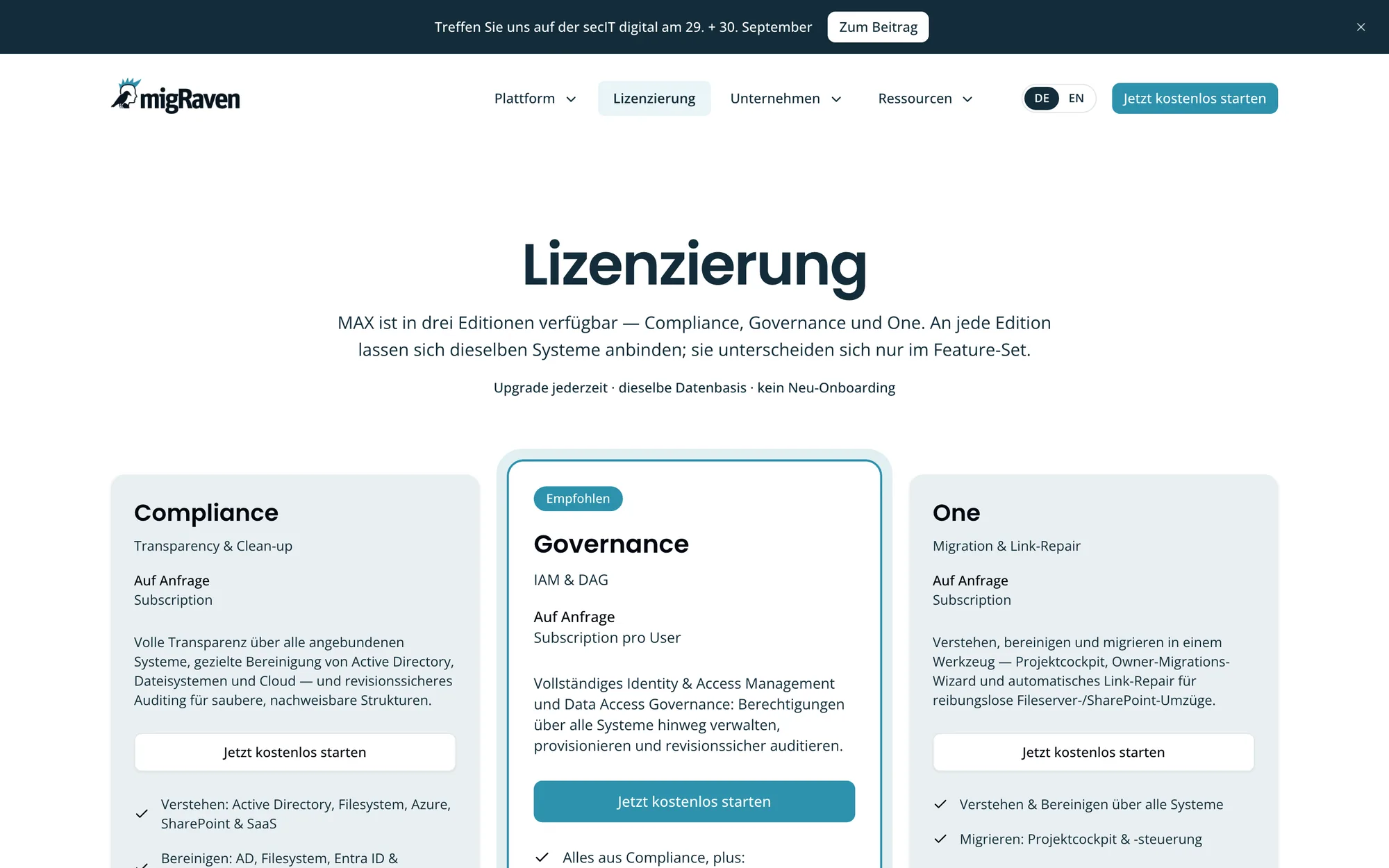 migRaven.MAX licensing page with Compliance, Governance and One editions