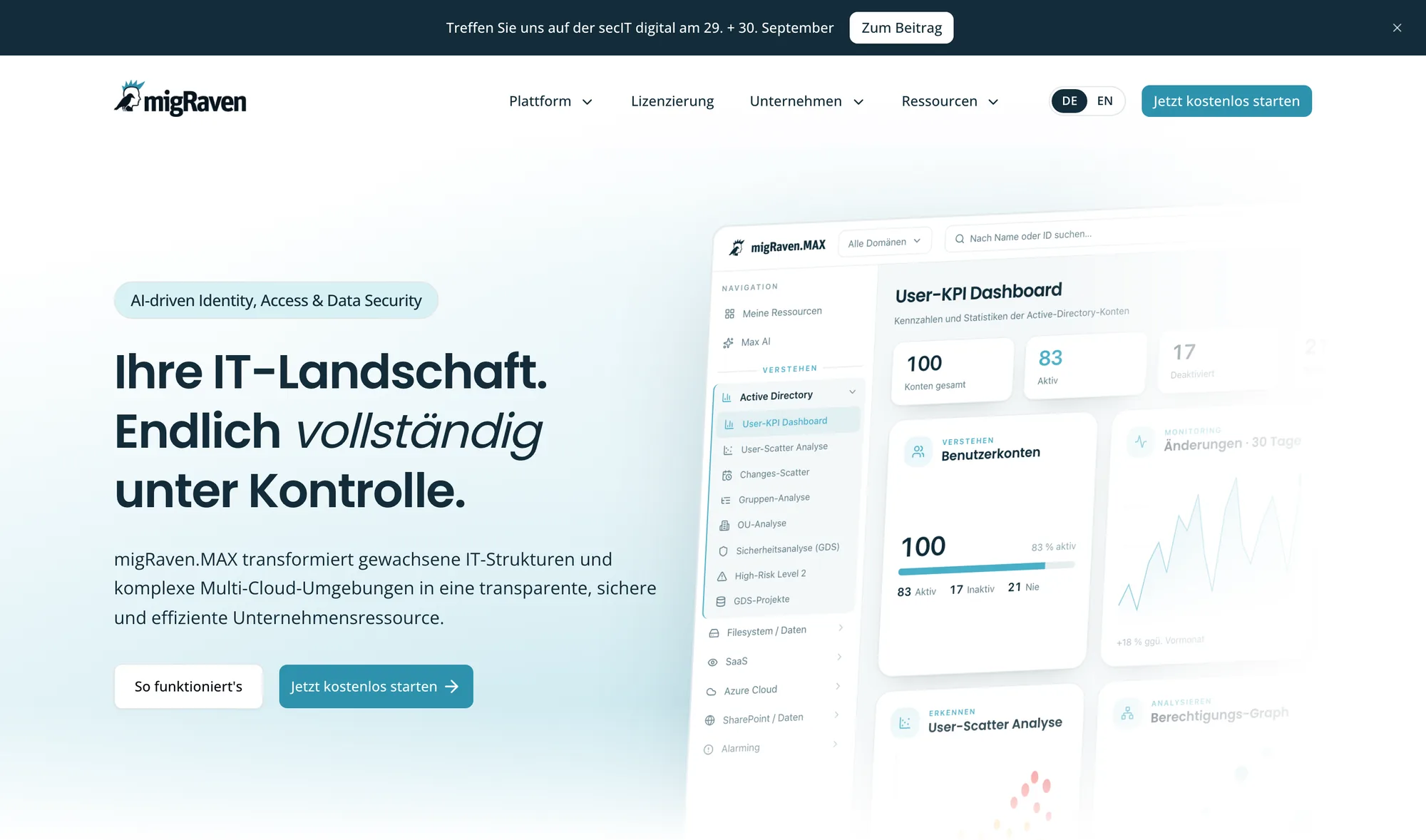 migRaven.MAX homepage: headline, product dashboard and secIT digital event banner
